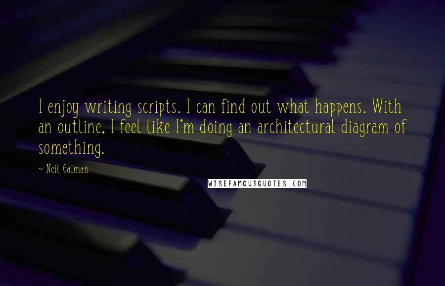 Neil Gaiman Quotes: I enjoy writing scripts. I can find out what happens. With an outline, I feel like I'm doing an architectural diagram of something.