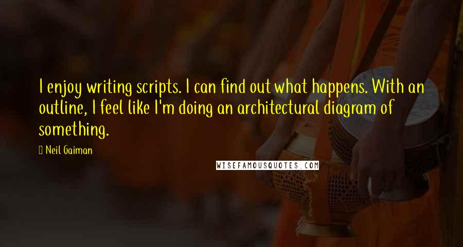 Neil Gaiman Quotes: I enjoy writing scripts. I can find out what happens. With an outline, I feel like I'm doing an architectural diagram of something.