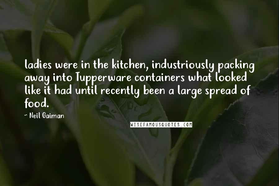 Neil Gaiman Quotes: ladies were in the kitchen, industriously packing away into Tupperware containers what looked like it had until recently been a large spread of food.