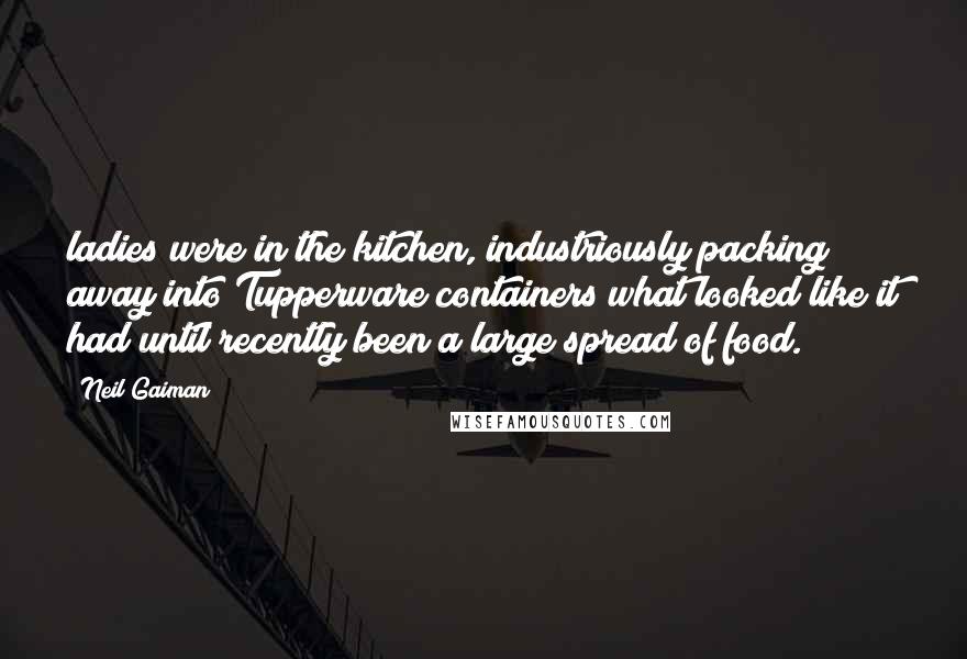 Neil Gaiman Quotes: ladies were in the kitchen, industriously packing away into Tupperware containers what looked like it had until recently been a large spread of food.