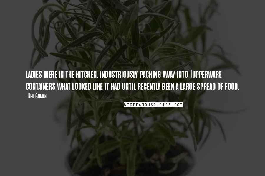 Neil Gaiman Quotes: ladies were in the kitchen, industriously packing away into Tupperware containers what looked like it had until recently been a large spread of food.