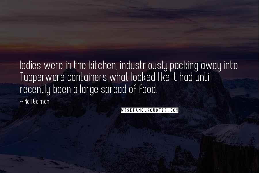 Neil Gaiman Quotes: ladies were in the kitchen, industriously packing away into Tupperware containers what looked like it had until recently been a large spread of food.