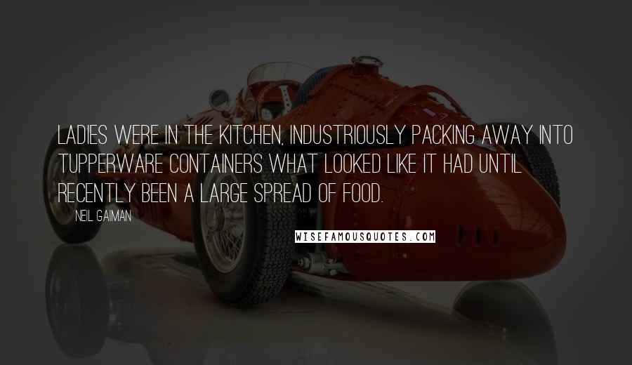 Neil Gaiman Quotes: ladies were in the kitchen, industriously packing away into Tupperware containers what looked like it had until recently been a large spread of food.