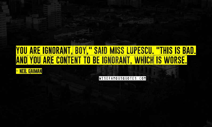 Neil Gaiman Quotes: You are ignorant, boy," said Miss Lupescu. "This is bad. And you are content to be ignorant, which is worse.