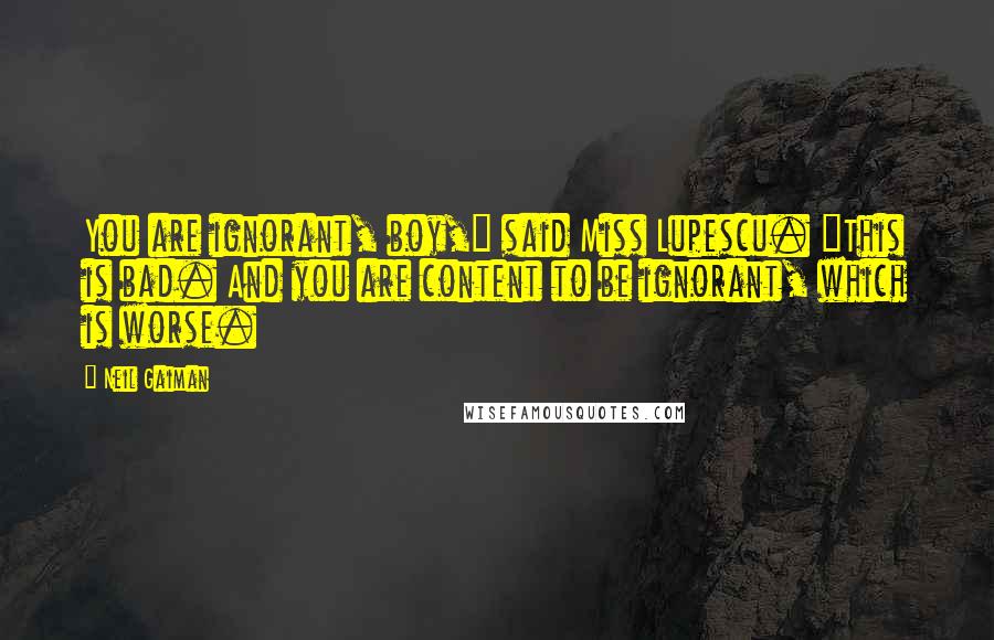 Neil Gaiman Quotes: You are ignorant, boy," said Miss Lupescu. "This is bad. And you are content to be ignorant, which is worse.