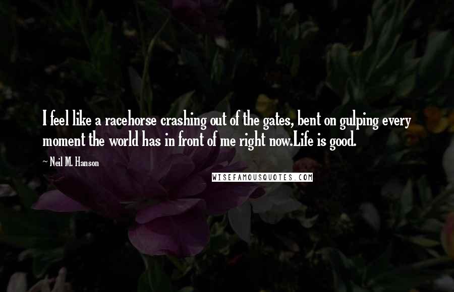 Neil M. Hanson Quotes: I feel like a racehorse crashing out of the gates, bent on gulping every moment the world has in front of me right now.Life is good.