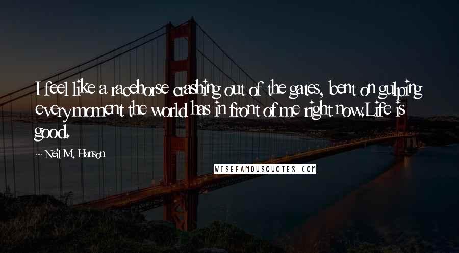 Neil M. Hanson Quotes: I feel like a racehorse crashing out of the gates, bent on gulping every moment the world has in front of me right now.Life is good.