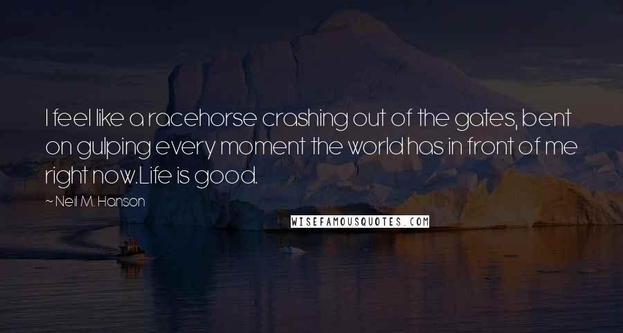 Neil M. Hanson Quotes: I feel like a racehorse crashing out of the gates, bent on gulping every moment the world has in front of me right now.Life is good.