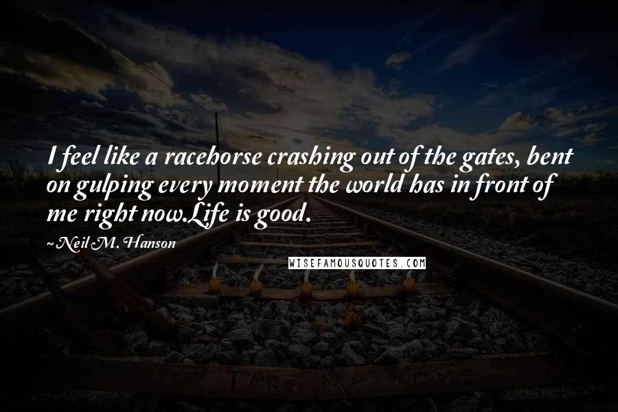 Neil M. Hanson Quotes: I feel like a racehorse crashing out of the gates, bent on gulping every moment the world has in front of me right now.Life is good.