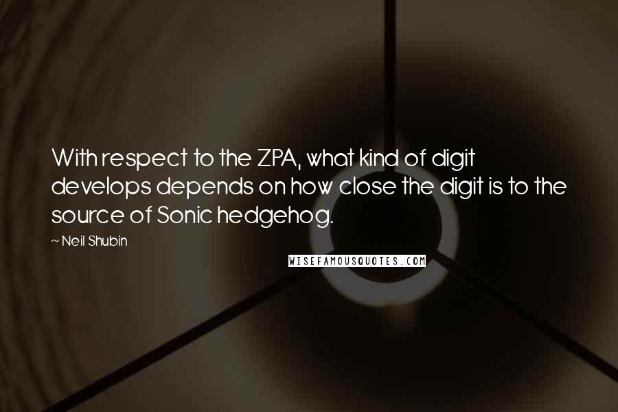Neil Shubin Quotes: With respect to the ZPA, what kind of digit develops depends on how close the digit is to the source of Sonic hedgehog.