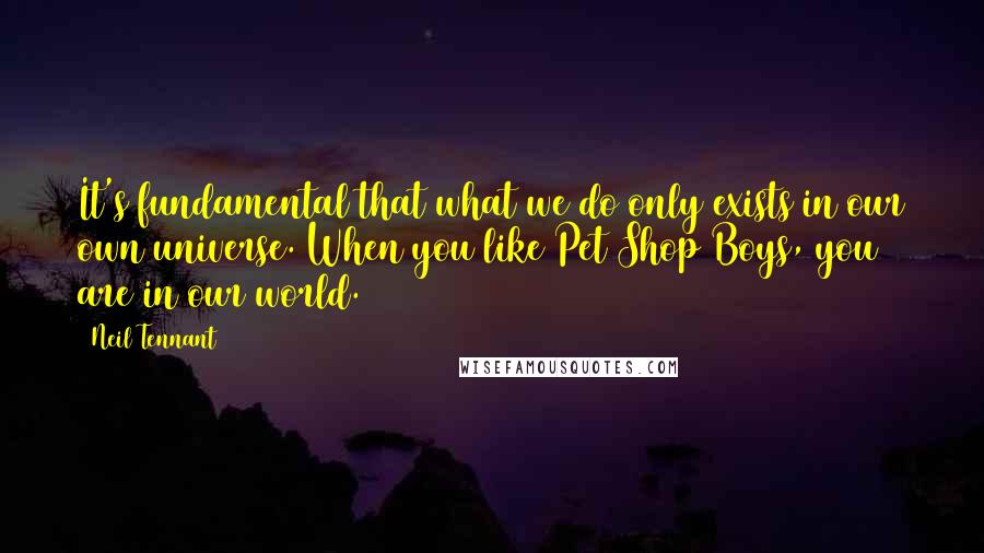 Neil Tennant Quotes: It's fundamental that what we do only exists in our own universe. When you like Pet Shop Boys, you are in our world.