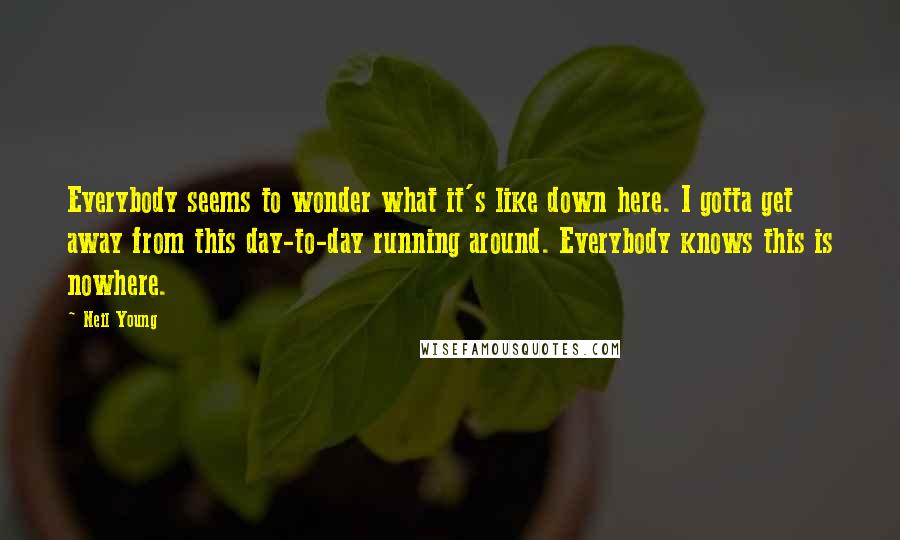 Neil Young Quotes: Everybody seems to wonder what it's like down here. I gotta get away from this day-to-day running around. Everybody knows this is nowhere.