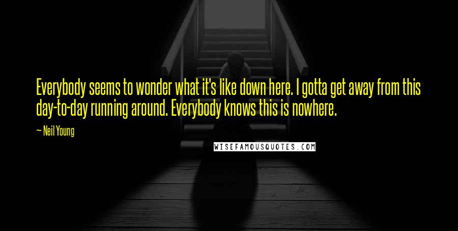 Neil Young Quotes: Everybody seems to wonder what it's like down here. I gotta get away from this day-to-day running around. Everybody knows this is nowhere.