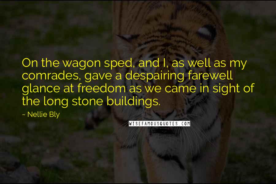 Nellie Bly Quotes: On the wagon sped, and I, as well as my comrades, gave a despairing farewell glance at freedom as we came in sight of the long stone buildings.