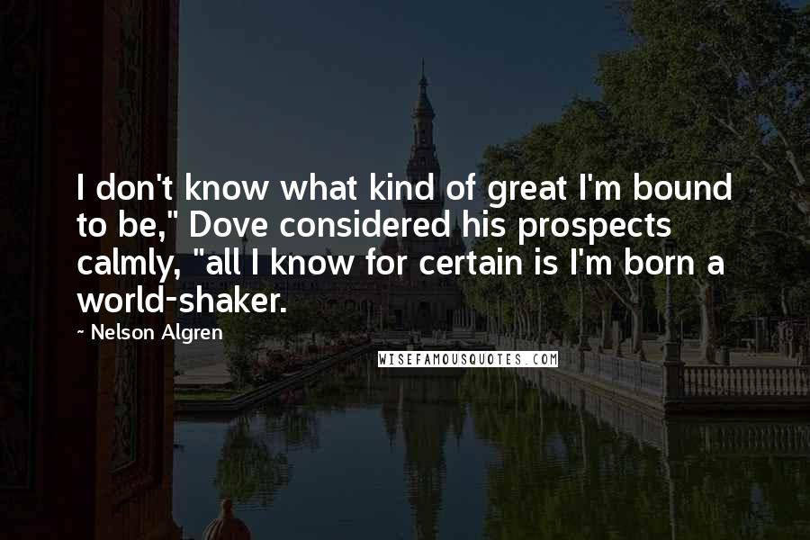 Nelson Algren Quotes: I don't know what kind of great I'm bound to be," Dove considered his prospects calmly, "all I know for certain is I'm born a world-shaker.