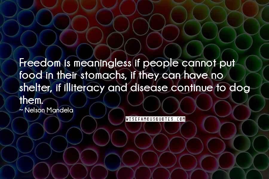 Nelson Mandela Quotes: Freedom is meaningless if people cannot put food in their stomachs, if they can have no shelter, if illiteracy and disease continue to dog them.