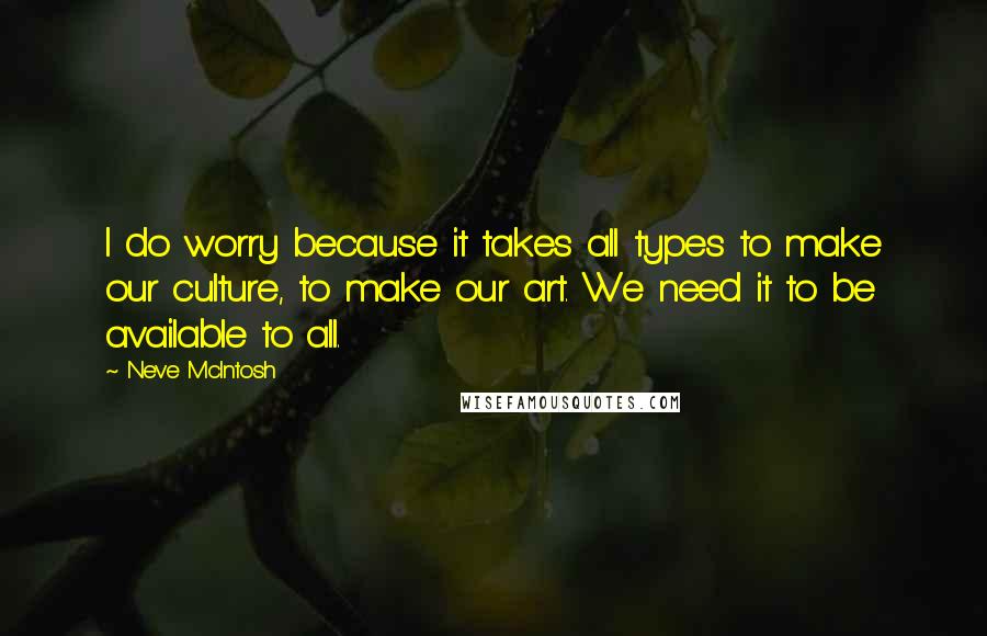 Neve McIntosh Quotes: I do worry because it takes all types to make our culture, to make our art. We need it to be available to all.