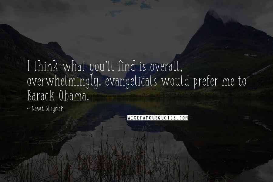 Newt Gingrich Quotes: I think what you'll find is overall, overwhelmingly, evangelicals would prefer me to Barack Obama.