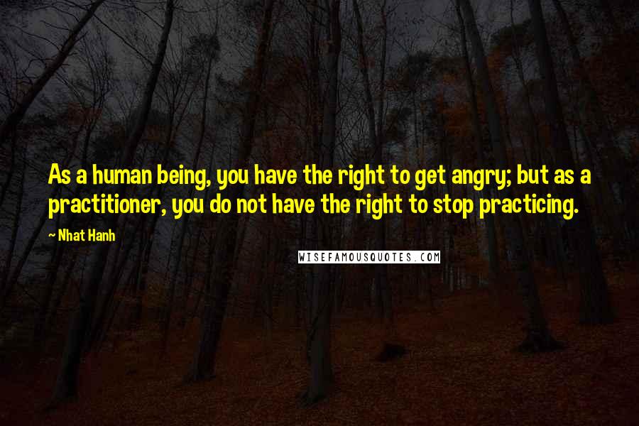Nhat Hanh Quotes: As a human being, you have the right to get angry; but as a practitioner, you do not have the right to stop practicing.