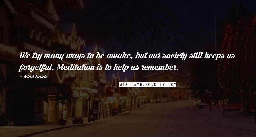 Nhat Hanh Quotes: We try many ways to be awake, but our society still keeps us forgetful. Meditation is to help us remember.