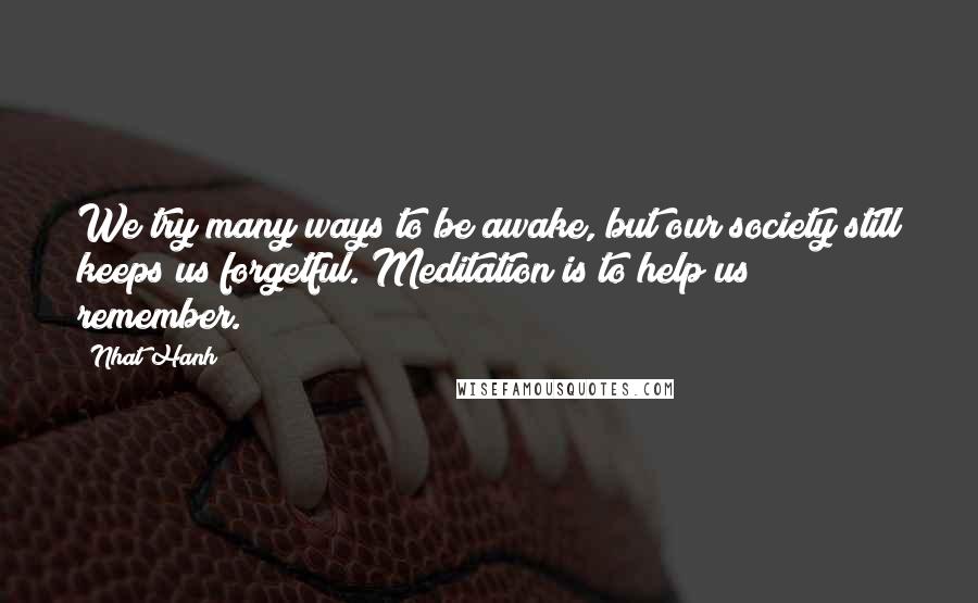 Nhat Hanh Quotes: We try many ways to be awake, but our society still keeps us forgetful. Meditation is to help us remember.