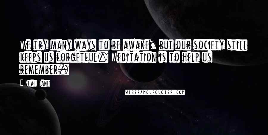 Nhat Hanh Quotes: We try many ways to be awake, but our society still keeps us forgetful. Meditation is to help us remember.