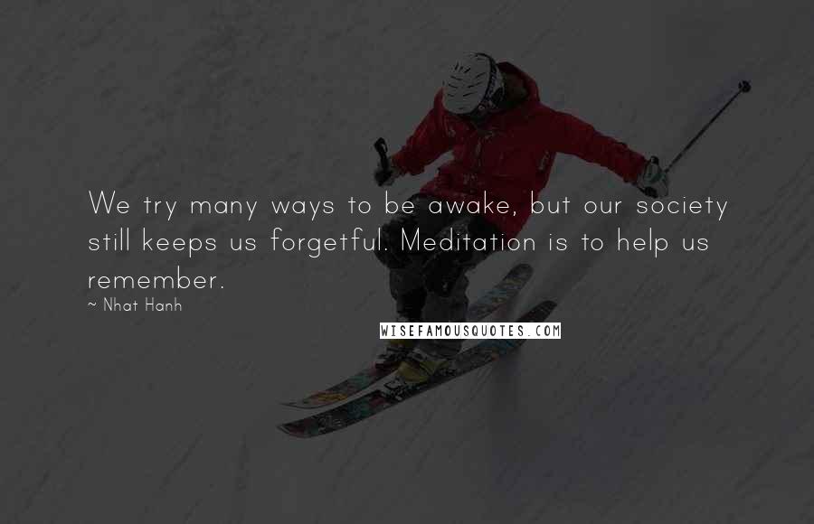 Nhat Hanh Quotes: We try many ways to be awake, but our society still keeps us forgetful. Meditation is to help us remember.
