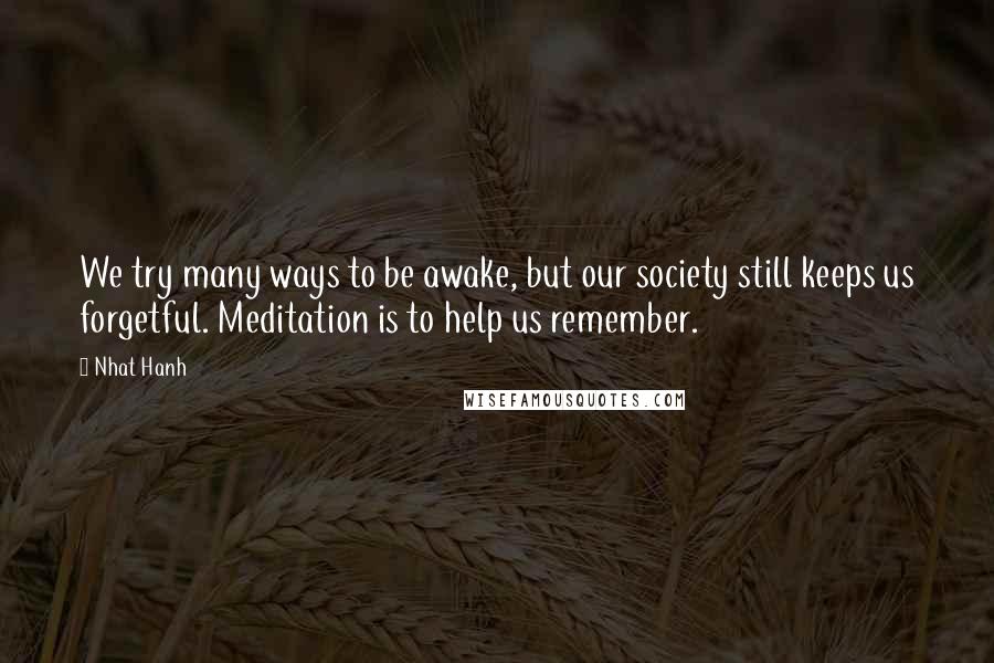 Nhat Hanh Quotes: We try many ways to be awake, but our society still keeps us forgetful. Meditation is to help us remember.