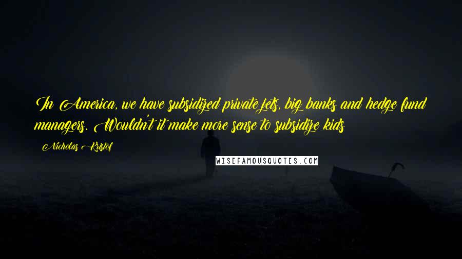 Nicholas Kristof Quotes: In America, we have subsidized private jets, big banks and hedge fund managers. Wouldn't it make more sense to subsidize kids?