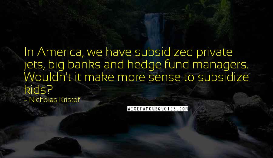 Nicholas Kristof Quotes: In America, we have subsidized private jets, big banks and hedge fund managers. Wouldn't it make more sense to subsidize kids?