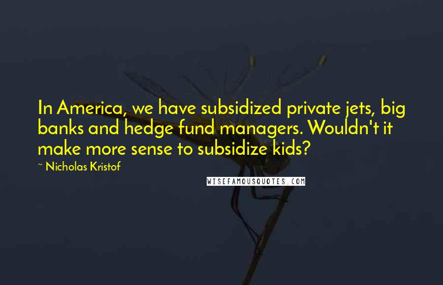 Nicholas Kristof Quotes: In America, we have subsidized private jets, big banks and hedge fund managers. Wouldn't it make more sense to subsidize kids?