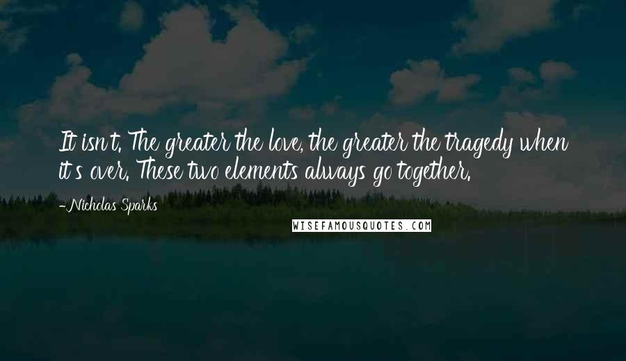 Nicholas Sparks Quotes: It isn't. The greater the love, the greater the tragedy when it's over. These two elements always go together.