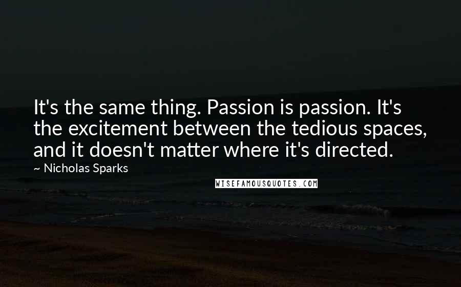 Nicholas Sparks Quotes: It's the same thing. Passion is passion. It's the excitement between the tedious spaces, and it doesn't matter where it's directed.