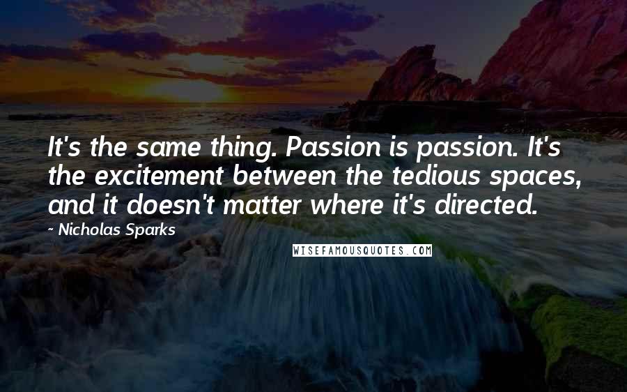 Nicholas Sparks Quotes: It's the same thing. Passion is passion. It's the excitement between the tedious spaces, and it doesn't matter where it's directed.