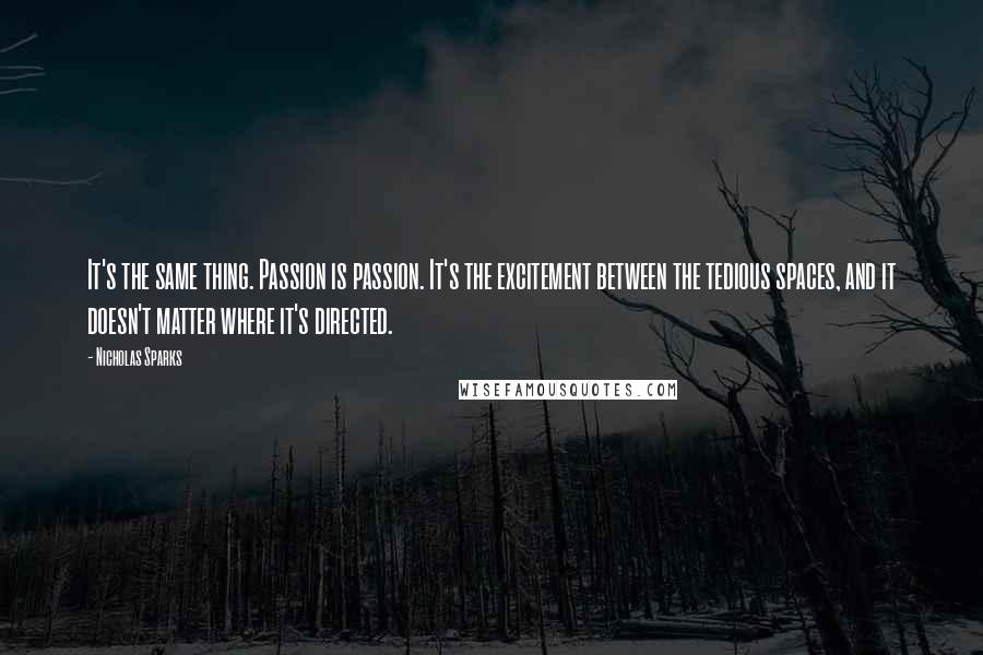 Nicholas Sparks Quotes: It's the same thing. Passion is passion. It's the excitement between the tedious spaces, and it doesn't matter where it's directed.