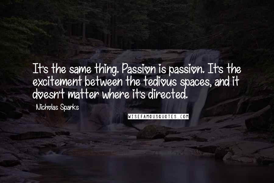 Nicholas Sparks Quotes: It's the same thing. Passion is passion. It's the excitement between the tedious spaces, and it doesn't matter where it's directed.