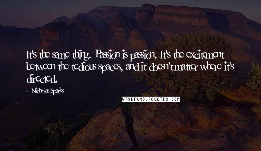 Nicholas Sparks Quotes: It's the same thing. Passion is passion. It's the excitement between the tedious spaces, and it doesn't matter where it's directed.