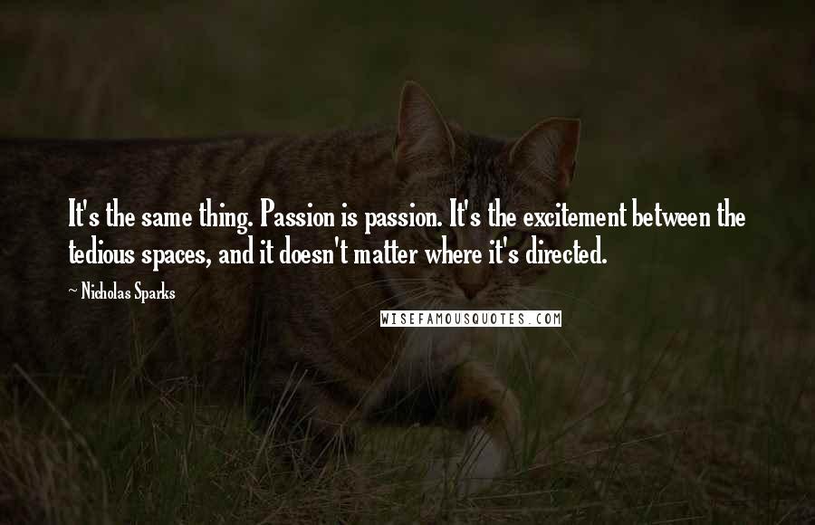 Nicholas Sparks Quotes: It's the same thing. Passion is passion. It's the excitement between the tedious spaces, and it doesn't matter where it's directed.