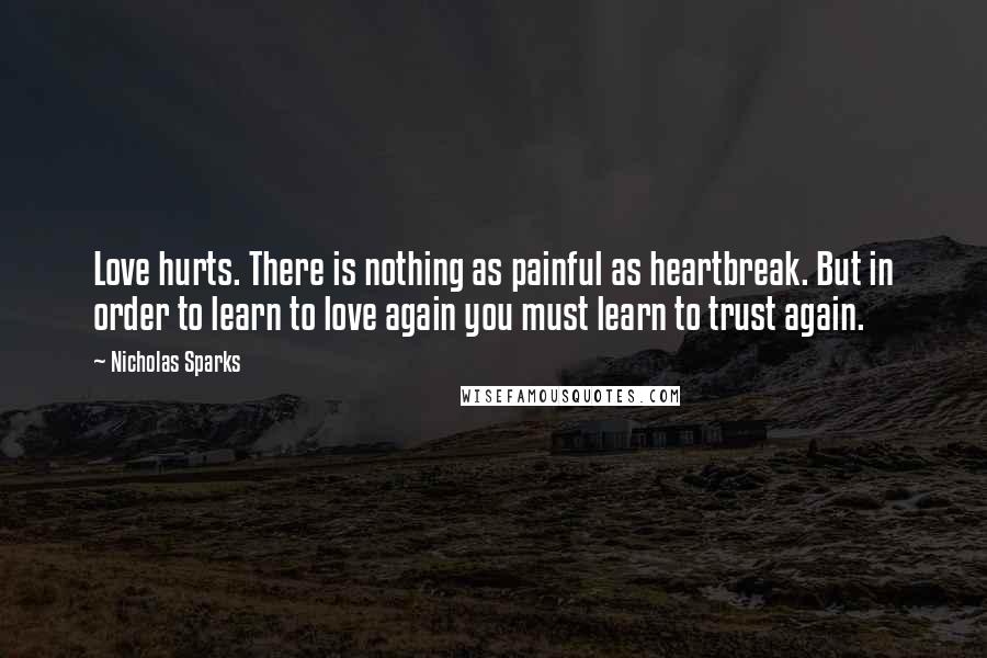 Nicholas Sparks Quotes: Love hurts. There is nothing as painful as heartbreak. But in order to learn to love again you must learn to trust again.