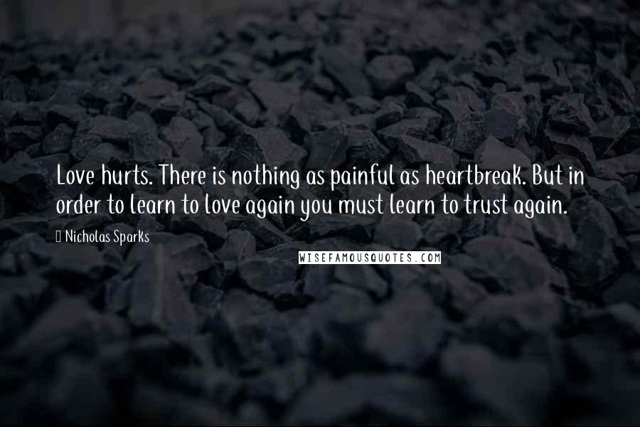 Nicholas Sparks Quotes: Love hurts. There is nothing as painful as heartbreak. But in order to learn to love again you must learn to trust again.