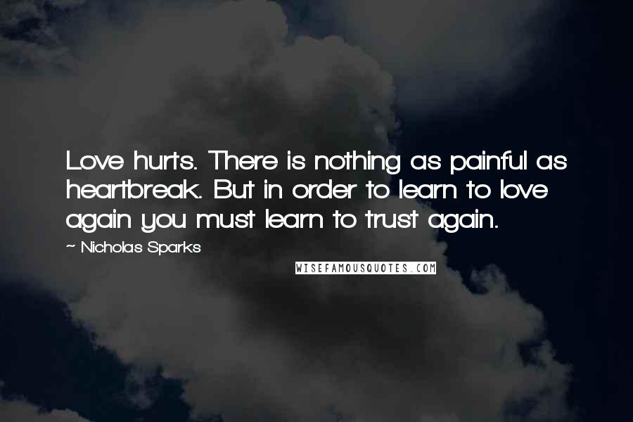 Nicholas Sparks Quotes: Love hurts. There is nothing as painful as heartbreak. But in order to learn to love again you must learn to trust again.