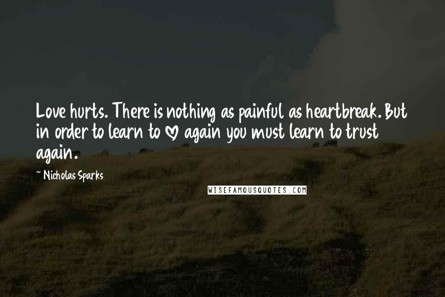 Nicholas Sparks Quotes: Love hurts. There is nothing as painful as heartbreak. But in order to learn to love again you must learn to trust again.