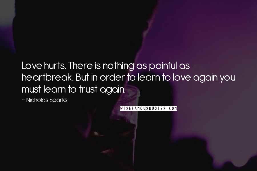 Nicholas Sparks Quotes: Love hurts. There is nothing as painful as heartbreak. But in order to learn to love again you must learn to trust again.