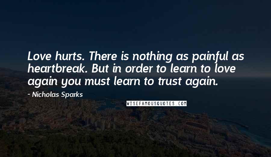 Nicholas Sparks Quotes: Love hurts. There is nothing as painful as heartbreak. But in order to learn to love again you must learn to trust again.