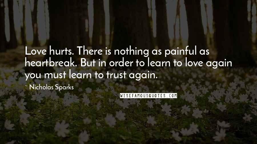 Nicholas Sparks Quotes: Love hurts. There is nothing as painful as heartbreak. But in order to learn to love again you must learn to trust again.