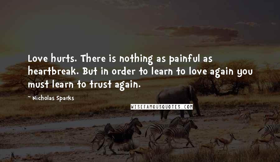 Nicholas Sparks Quotes: Love hurts. There is nothing as painful as heartbreak. But in order to learn to love again you must learn to trust again.