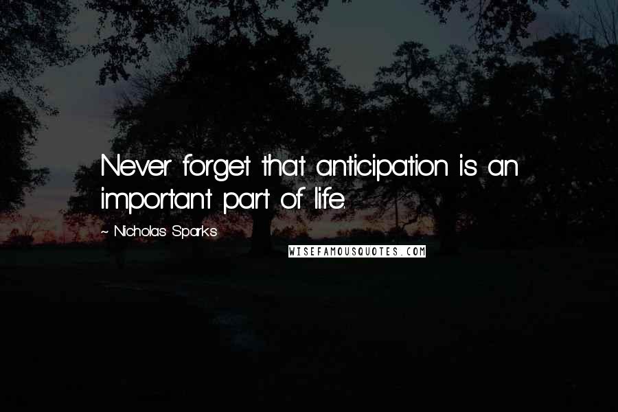 Nicholas Sparks Quotes: Never forget that anticipation is an important part of life.