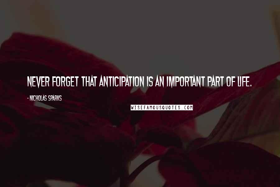 Nicholas Sparks Quotes: Never forget that anticipation is an important part of life.