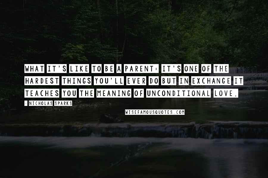 Nicholas Sparks Quotes: What it's like to be a parent: It's one of the hardest things you'll ever do but in exchange it teaches you the meaning of unconditional love.