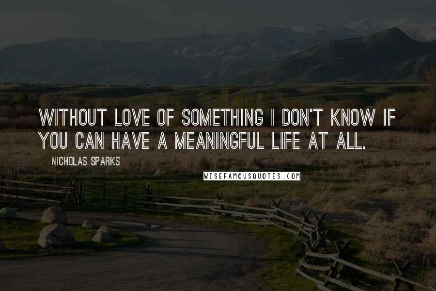 Nicholas Sparks Quotes: Without love of something I don't know if you can have a meaningful life at all.